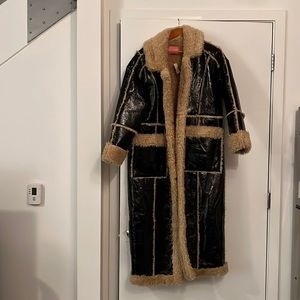 Azalea Wang long patent trench coat with fur trim